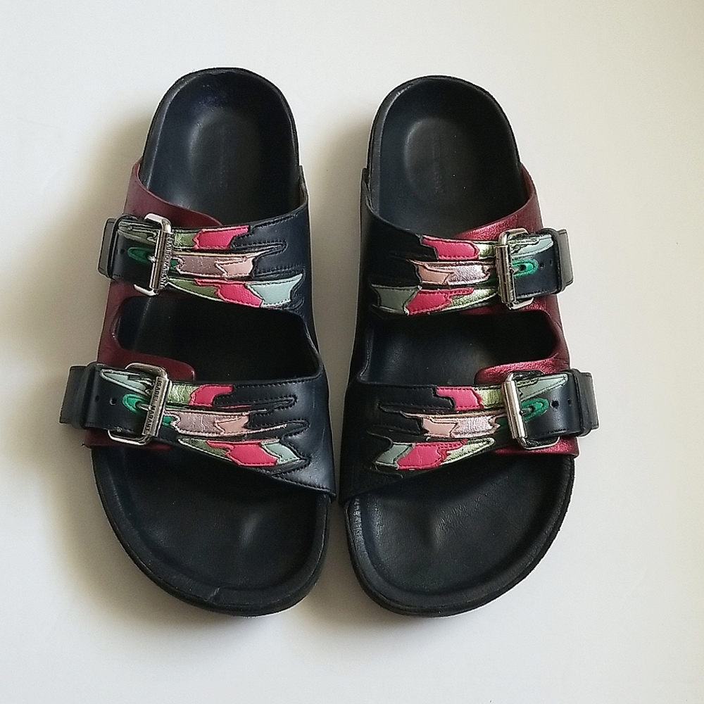 Isabel Marant Folk Laser Leather Lennyo Slide Sandals Rare Multicolored Metallic